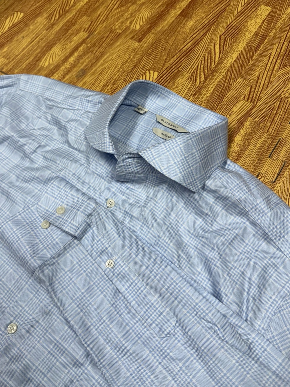 Suitsupply Shirt Size 43-7 17L White Blue Windowpane Plaid Cotton Traveller Mens